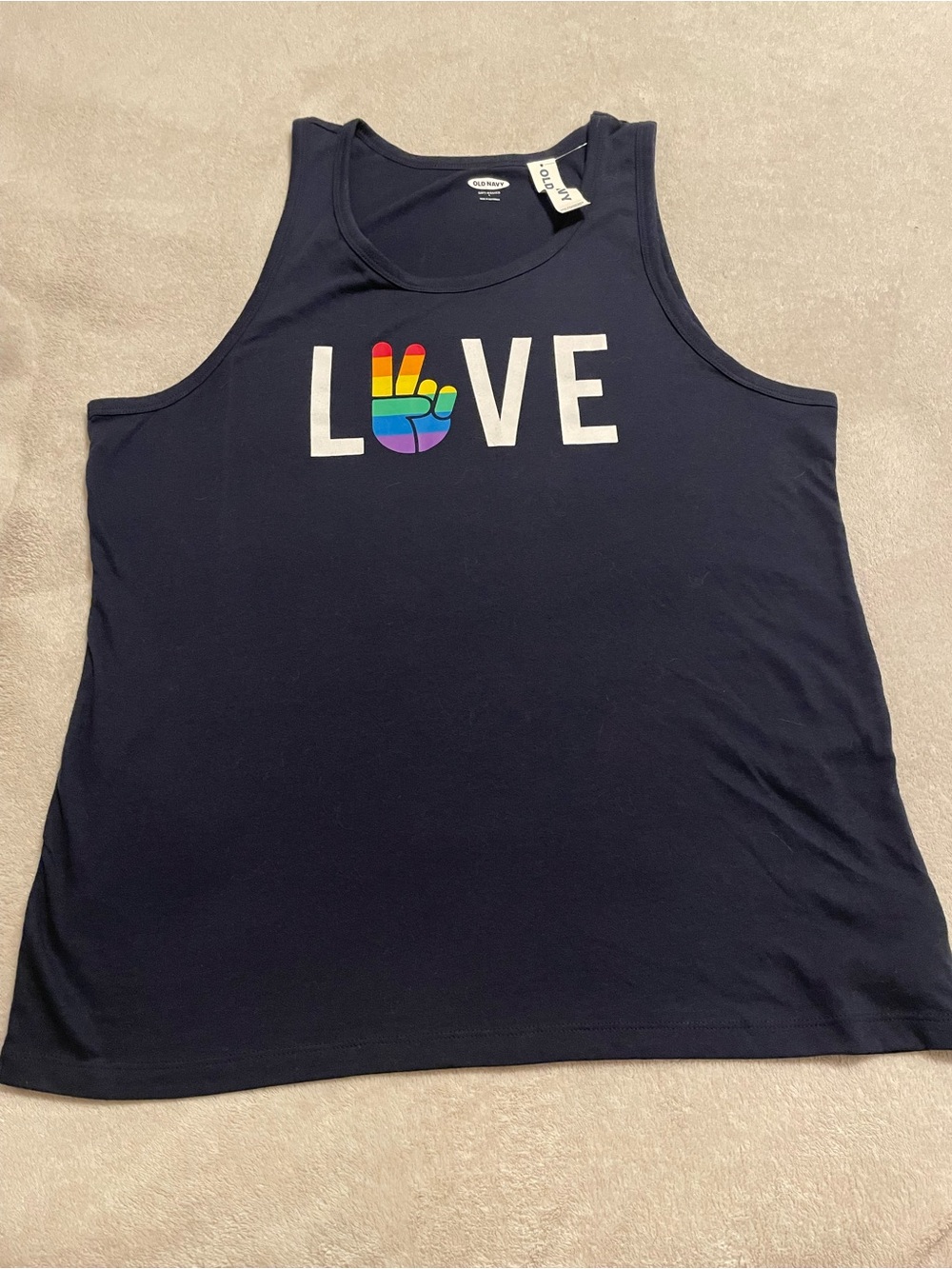 Old Navy men’s Navy 'LOVE' Rainbow Peace Tank Top lgbtq gay pride
